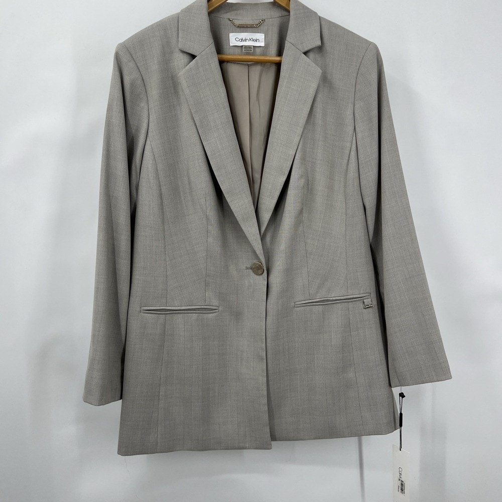 Calvin Klein Women's Blazer Jacket Single Button Gray Glen Plaid‎ Print Size 16W